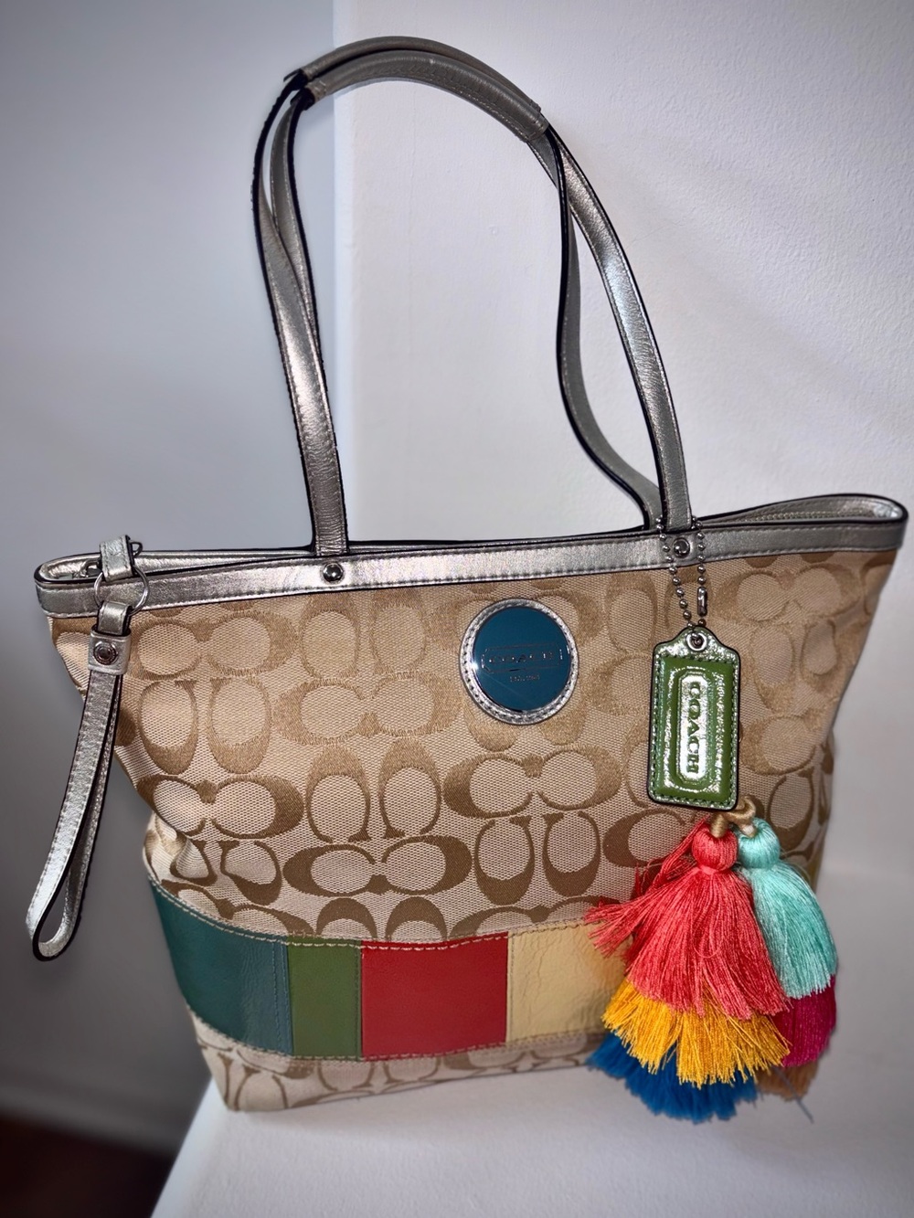 Coach Signature Stripe Tote Bag Khaki Multi Canvas Colorblock Tote Boho Chic - Picture 2 of 11